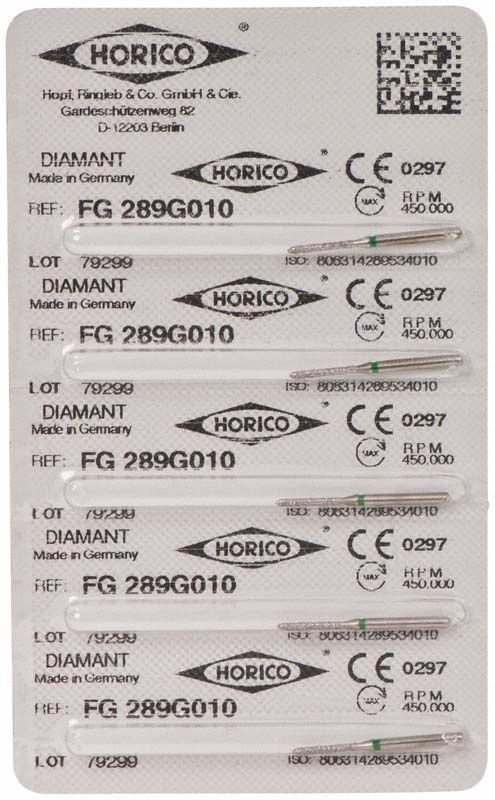 Verpackung mit Diamant-FG-Bohrern, Modell FG 289G 010, von Horico.