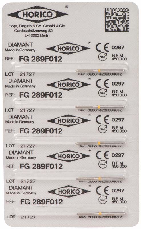 Blisterpackung mit Diamant FG 289F 012 Schleifkörpern von Horico.