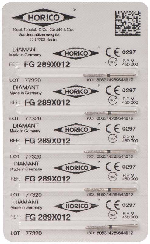 Blisterverpackung mit Diamant FG 289X 012 Schleifinstrumenten.