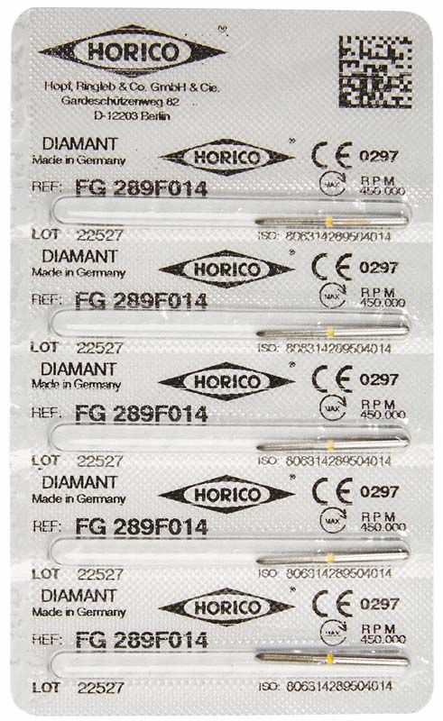 Blisterverpackung mit Diamant FG 289F 014 Schleifstiften von Horico.
