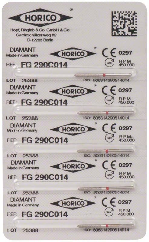 Verpackung von Diamant FG 290C 014 Dentalbohrern mit sechs Einheiten.