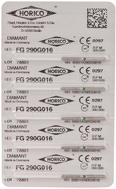 Verpackung von Diamant FG 290G 016 Zahnschleifern mit CE-Kennzeichnung.