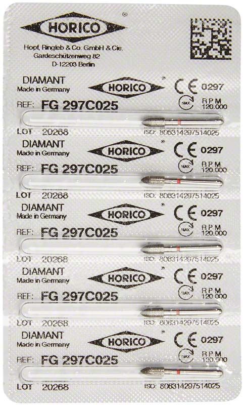 Blisterpackung mit Diamant FG 297C 025 dentalen Schleifinstrumenten.