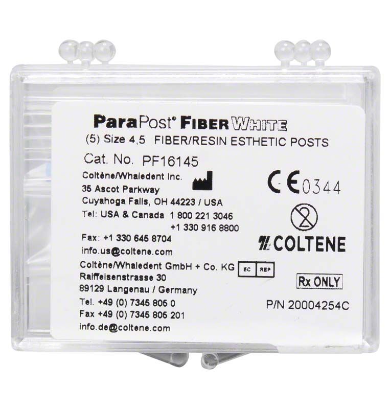 ParaPost® Fiber White Wurzelstifte Gr. 4.5 in Originalverpackung mit Produktinformationen.