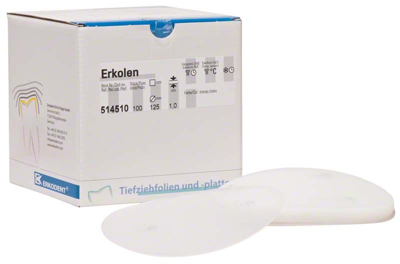 Erkolen Verpackung mit zwei transparenten Folien für dentalmedizinische Anwendungen.
