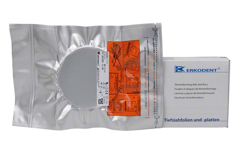 Erkodur Tiefziehfolie Ø120mm x 0,5mm in Verpackung mit Anleitung und Logo.