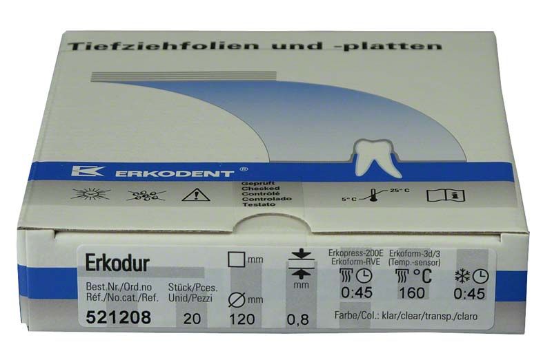 Erkodur Tiefziehfolie, zähharte, glasklare Verpackung, 120mm x 0,8mm, 20 Stück.