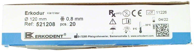 Verpackung der Erkodur Folie mit Produktspezifikationen und Erkodent-Logo.