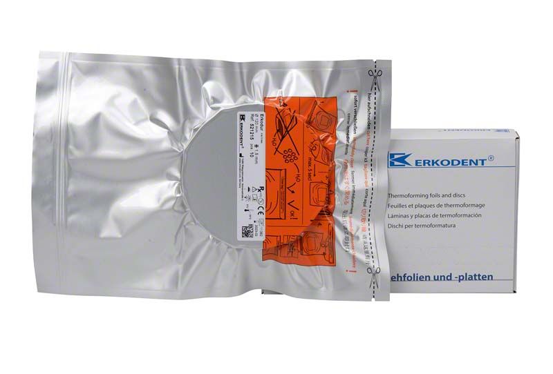 Erkodur Tiefziehfolie, transparent, in versiegelter Verpackung mit Produktetikett.