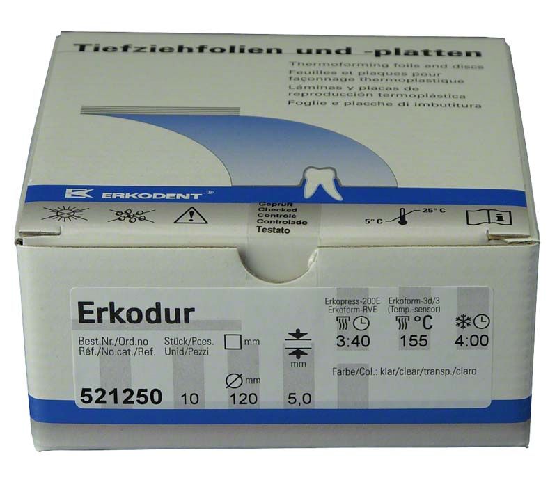 Verpackung von Erkodur Thermoformfolie Ø120mm x 5,0mm, 10 Stück.
