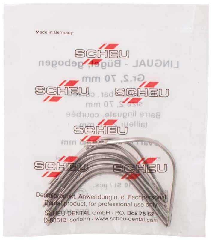 Gebogene Lingualbügel aus Edelstahl in transparenter Verpackung.