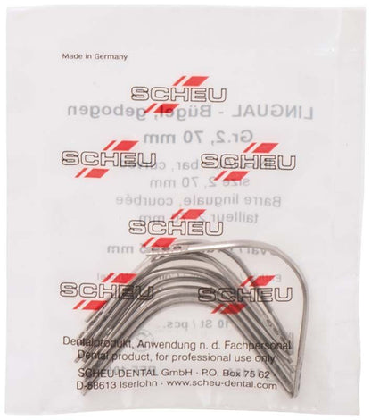 Gebogene Lingualbügel aus Edelstahl in transparenter Verpackung.
