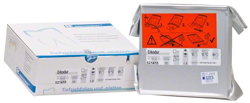 Erkodur viereckig 125x125 x 1,5mm in Verpackung für Zahntechnik.