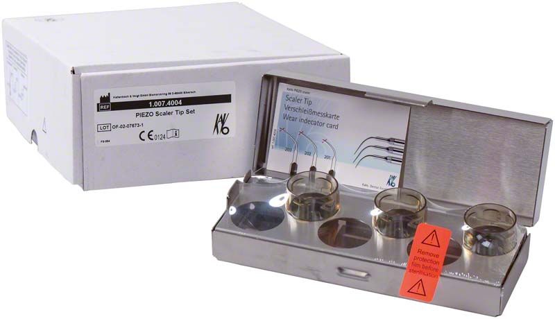 PIEZO Ultraschall-Scaler Spitzen Starterpaket in Metallbox mit Verpackung.