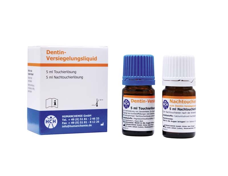 Dentin-Versiegelungsliquid Flaschen mit blauer und weißer Verschlusskappe neben Verpackung.