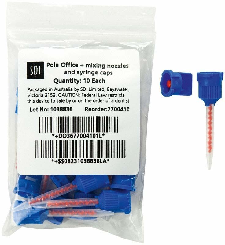 Pola Office+ Mischkanülen und Applikatorbürsten in Plastikverpackung.