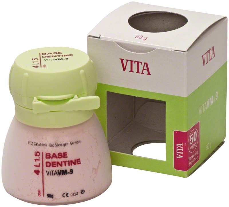 VM9 3D Base Dentin 50g 4L1.5 mit Verpackung und grünem Deckel.