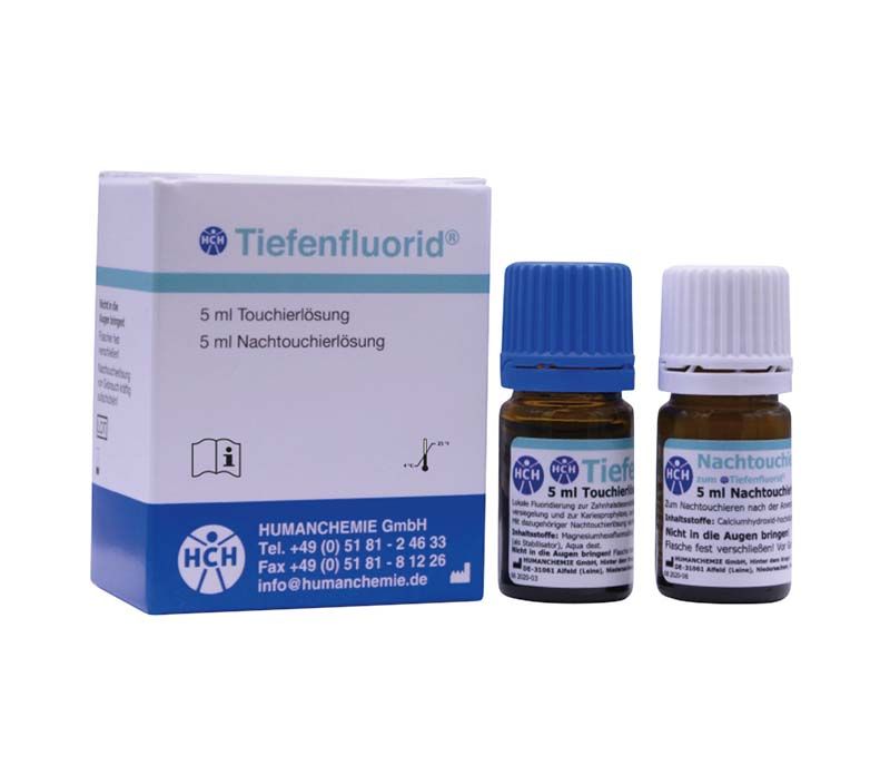Tiefenfluorid Flaschen 2 x 5ml mit Verpackung und Etikettenansicht.