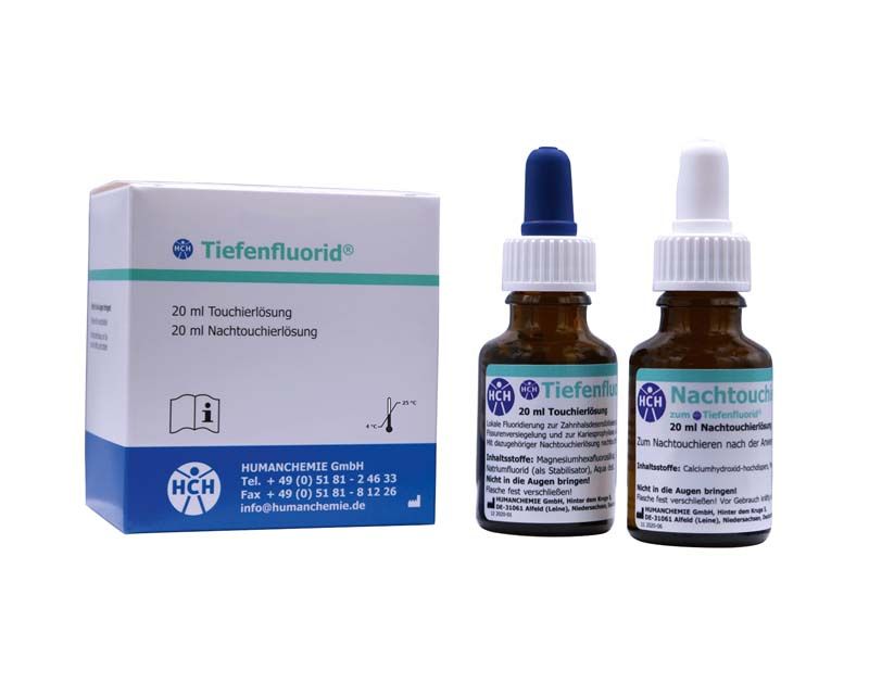 Tiefenfluorid-Flaschen und Verpackung zur Zahnschmelzhärtung.