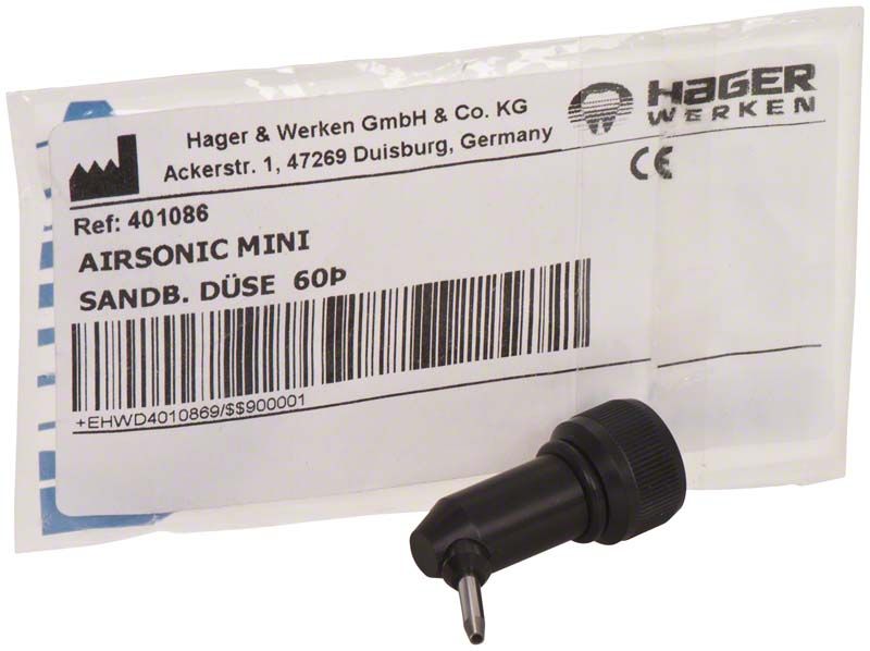 Airsonic® Düse 60° mit Verpackungsetikett im Hintergrund.