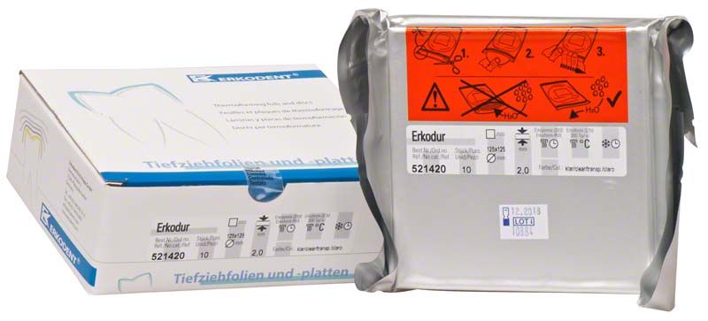 Erkodur viereckig 10 St. klar 125x125 x 2,0mm Verpackung mit Produktinformationen.