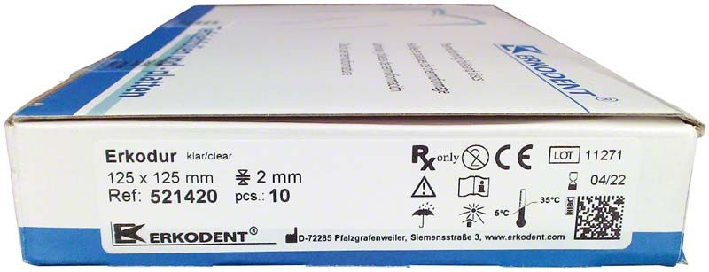 Erkodur Verpackung mit Produktinformationen und Symbolen, 125x125 x 2,0mm, 10 Stück.