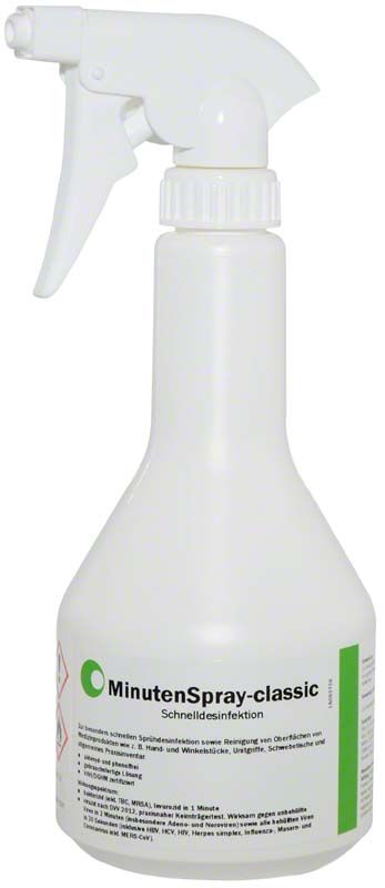 Sprühflasche 500ml mit Etikett "MinutenSpray-classic" für Desinfektion.