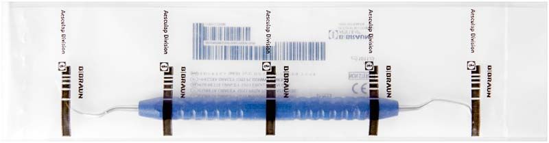 Dunkelblaue GRACEY-Kürette Figur 12/13 in steriler Verpackung.