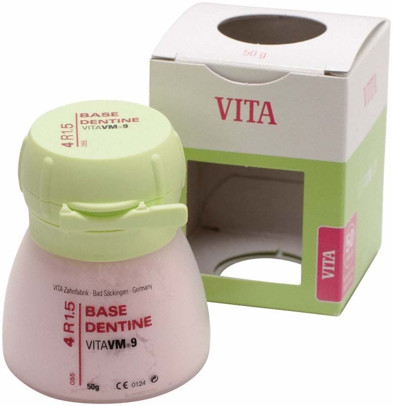Dose VM9 3D Base Dentin 50g 4R1.5 mit Verpackung im Hintergrund.
