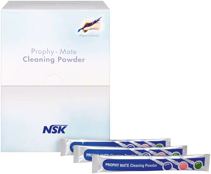 Reinigungspulver für Prophy-Mate in blauer Verpackung mit vier Einzelbeuteln.