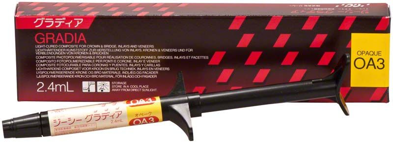 Gradia Opaque OA3 Spritze mit Verpackung für Zahnrestaurationen.