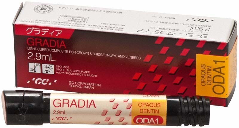 Gradia Opaque Dentin ODA1 Verpackung und Tube mit 2,9 ml Inhalt.