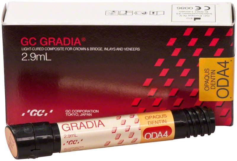 OPAQUE DENTIN Gradia ODA4, Verpackung und Tube mit 2,9 ml Inhalt.