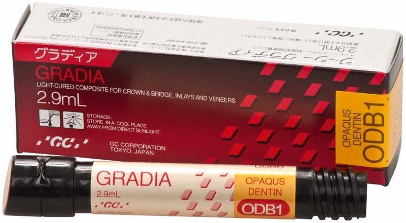 Gradia Opaque Dentin ODB1 in 2,9 ml Spritze mit Verpackung.