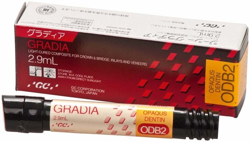 Gradia Opaque Dentin ODB2 Tube und Verpackung mit rotem Design.