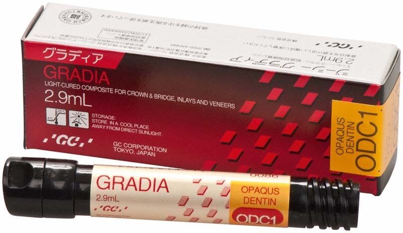 Gradia Opaque Dentin ODC1, 2,9 ml, mit Verpackung und Tubenansicht.