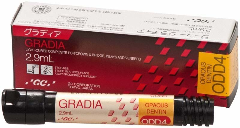 Gradia Opaque Dentin ODD4 Verpackung mit Tube und Produktinformationen.