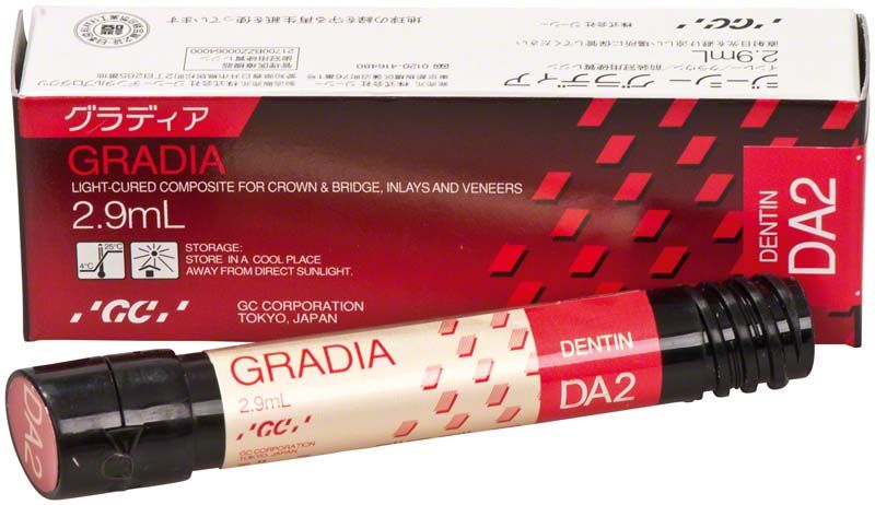 Gradia Dentin DA2 Komposit in 2,9 mL Spritze mit Verpackung.