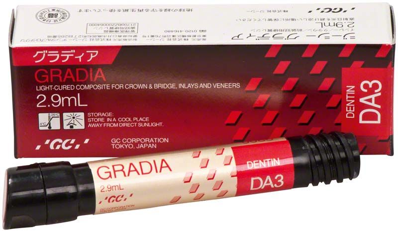 Lichthärtendes Mikro-Keramik-Komposit Gradia Dentin DA3 mit Verpackung.