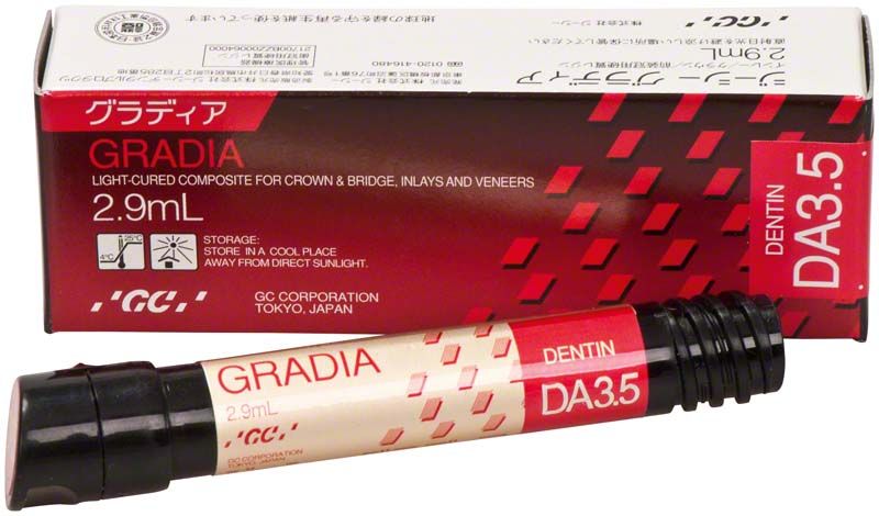 Gradia Dentin DA3,5 Kompositverpackung mit Tube und rotem Design.