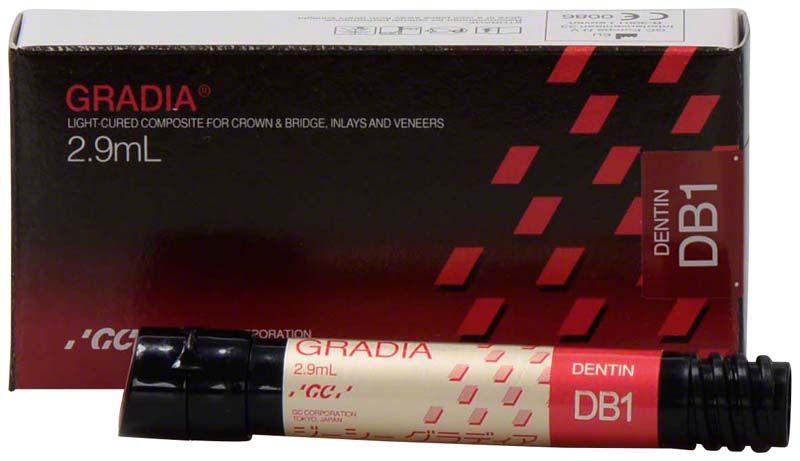 Gradia Dentin DB1 Zahnkomposit in Tube vor Produktverpackung.