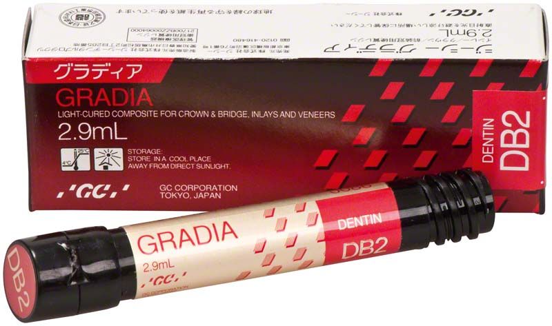 Gradia Dentin DB2 Komposit, 2,9 ml, mit Verpackung und Produktname sichtbar.