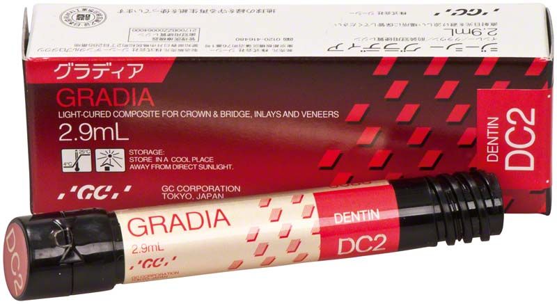 Gradia Dentin DC2, lichthärtendes Komposit in 2,9ml Tube und Verpackung.