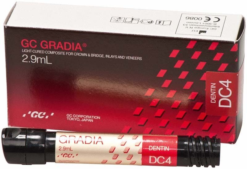 Gradia Dentin DC4 Zahnmedizinisches Komposit in 2,9 ml Spritze mit Verpackung.