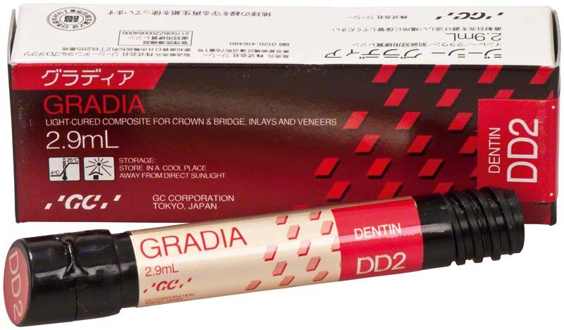 Verpackung und Tube von Gradia Dentin DD2 Kompositmaterial.