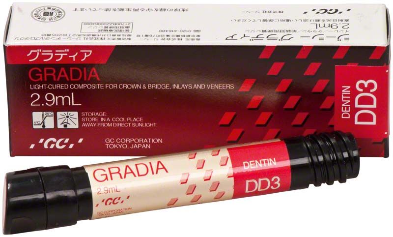 Gradia Dentin DD3 Komposit, Verpackung und Applikatortube, 2,9 ml.