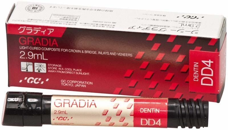 Gradia Dentin DD4 Komposit in Spritze und Verpackung.