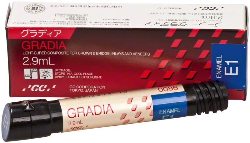 Gradia Enamel E1 Zahnersatz-Komposit in 2,9 mL Tube mit Verpackung.