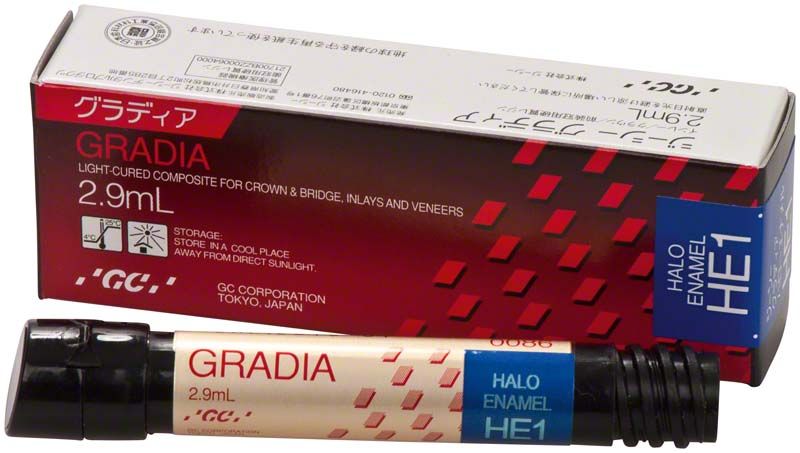 Gradia Halo Enamel HE1 Verpackung mit 2,9 ml Inhalt und Spritze.