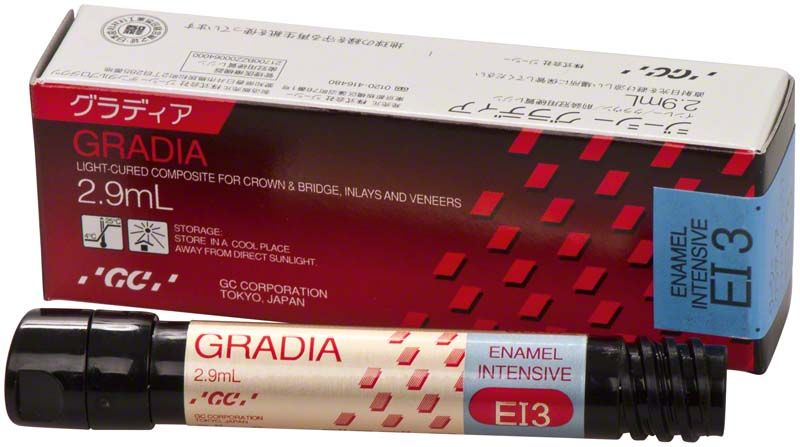 Gradia Enamel Intensive EI3 Verpackung und Tube mit Produktdetails.